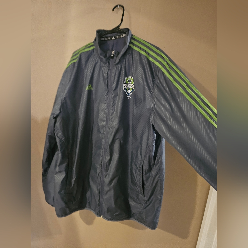 Adidas Seattle Sounders Men's Windbreaker in Gray with Green Stripes - Picture 4 of 6